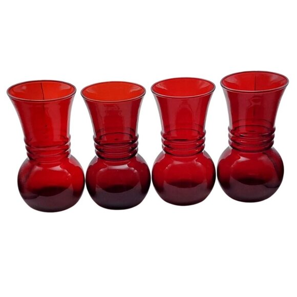 Vintage Anchor Hocking Royal Ruby Red Glass Ribbed Ball Vases Set Of 4 MCM - Picture 1 of 6